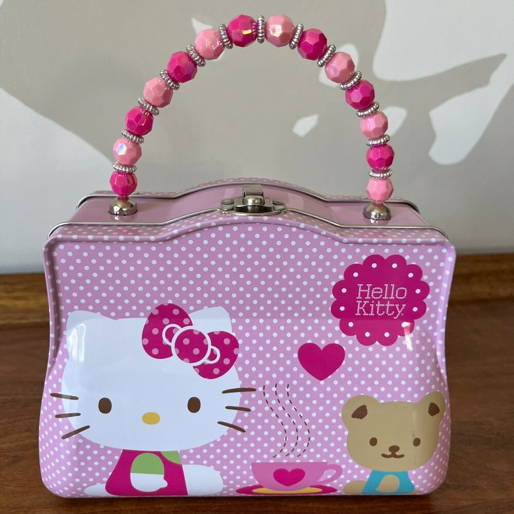 Hello Kitty Pink Tin Purse Storage Box Jeweled Handle 2014 Teddy Bear Tea Sanrio